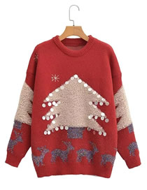 Fashion Red Knit Christmas Embroidered Crew Neck Sweater