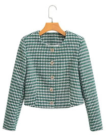Fashion Green Woven Houndstooth Crew Neck Cardigan