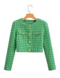Fashion Green Woven Houndstooth Button-down Crewneck Cardigan Jacket