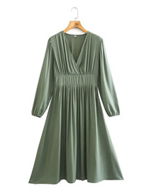 Fashion Green Woven Pleated V-neck Dress