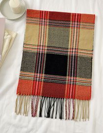 Fashion Red Rice Black Multicolored Checked Cashmere-effect Fringed Scarf