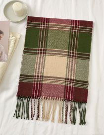 Fashion Red Rice Green Multicolored Checked Cashmere-effect Fringed Scarf