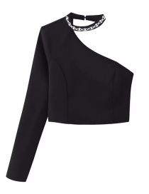 Fashion Black Beaded Neckline Asymmetric Top
