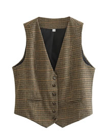 Fashion Khaki Houndstooth Button-up Vest Jacket