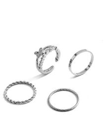Fashion Silver Alloy Diamond Butterfly Geometric Ring Set