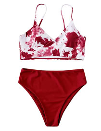 Fashion Wine Red Spandex Tie-dye Two-piece Swimsuit