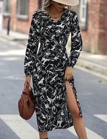 Fashion Black Velvet Print Slit Dress