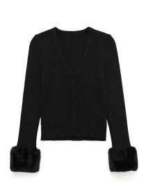 Fashion Black Wool Knit Pom Cuff V-neck Cardigan