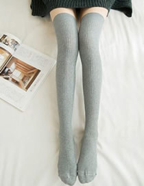 Fashion Cotton Vertical Stripe Light Gray Calf Socks Cotton Knit Vertical Calf Socks