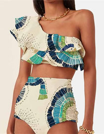 Fashion White Polyester Printed Ruffled One-shoulder Swimsuit