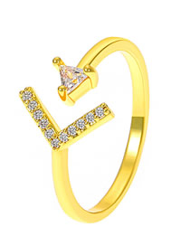 Fashion Gold Copper And Diamond Geometric Open Ring
