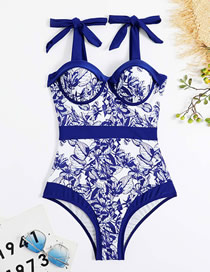 Fashion Blue Flower Polyester Print Tie Swimsuit
