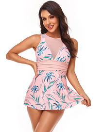Fashion Peach Spandex Printed Mesh Ruffle Two-piece Swimsuit