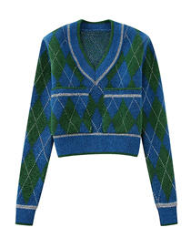 Fashion Blue Metallic Argyle Knit Sweater