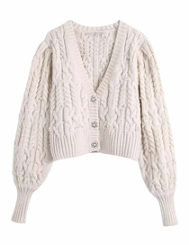 Fashion White Wool Knit Puff Sleeve V-neck Cardigan