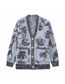 Fashion Blue Wool-knit Jacquard-breasted Cardigan Jacket