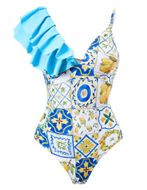 Fashion No. 1 Blue Polyester Printed One-shoulder Ruffled Swimsuit