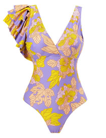 Fashion No. 2 Blue Polyester Printed One-shoulder Ruffled Swimsuit