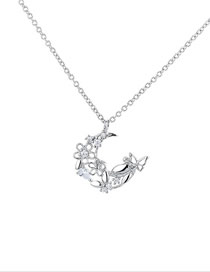 Fashion Silver Copper And Zirconia Flower Crescent Necklace