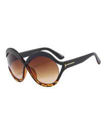 Fashion Upper Black And Lower Leopard Double Tea Large Frame Round Cross Sunglasses