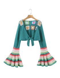 Fashion Green Crocheted Crochet Bell Sleeve Lace-up Cropped Top