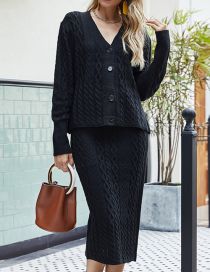 Fashion Black Polyester Knit V-neck Cardigan Skirt Set