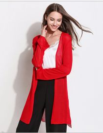 Fashion Big Red Solid Color Knitted Jacket