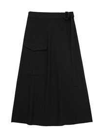 Fashion Black Solid Pocket Pleated Skirt