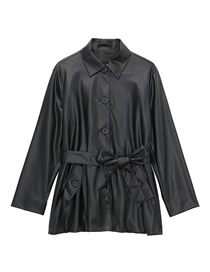 Fashion Black Pu Lapel-breasted Tie Coat