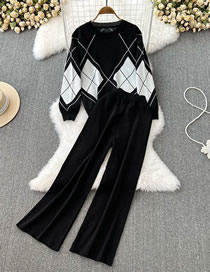 Fashion Black Knitted Diamond Long -sleeved Round Neck Pants Sleeve Suit