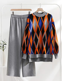 Fashion Grey Slim Knitted Rhombus Tops Pants Two -piece Suit