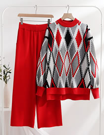 Fashion Red Slim Knitted Rhombus Tops Pants Two -piece Suit