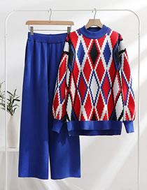 Fashion Blue Slim Knitted Rhombus Tops Pants Two -piece Suit