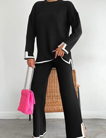 Fashion Black Long -sleeved V Buckle Stitching Knitted Top Trousers Suite