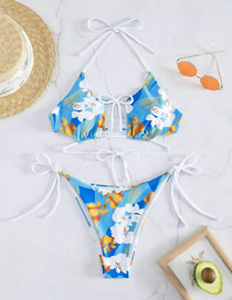 Fashion Blue Flower Polyester Print Tie Swimsuit