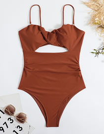 Fashion Coffee Color Nylon Hollow Strap One-piece Swimsuit