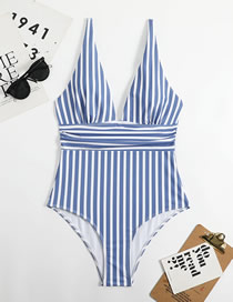 Fashion Blue Polyester Stripe One-piece Swimsuit