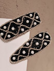 Fashion Black T1_t6 2 Pieces From Batch Geometric Diamond And Pearl Drop Rectangular Barrette Set