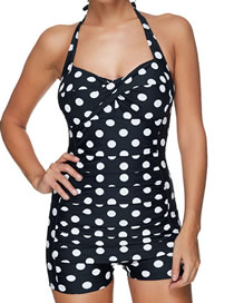 Fashion Polka Dots Polyester Halter Neck Polka-dot Boxer One-piece Swimsuit
