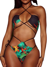 Fashion Color Polyester Halterneck Cutout Print Swimsuit