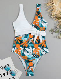 Fashion White Geometric-print Color-block Tie-up Swimsuit