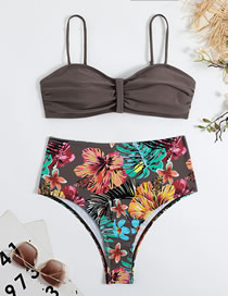 Fashion Coffee Color Nylon Print High Waist Two-piece Swimsuit