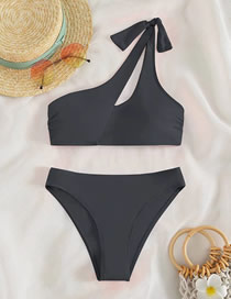 Fashion Black Nylon One-shoulder Tie Cut-out Two-piece Swimsuit