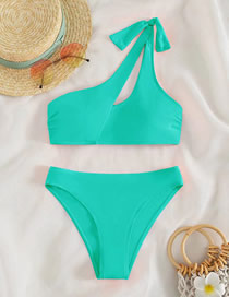 Fashion Lake Green Nylon One-shoulder Tie Cut-out Two-piece Swimsuit