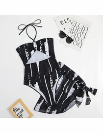 Fashion Black Polyester Printed Halter Neck Tie One-piece Swimsuit Set