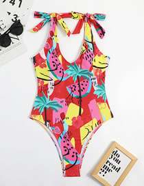 Fashion Red Polyester Print Tie Swimsuit