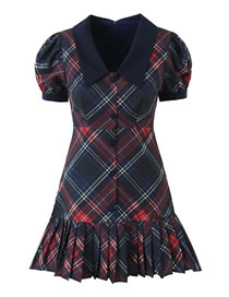 Fashion Navy Blue Polyester Check Lapel Puff Sleeve Dress