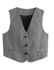 Fashion Black And White Polyester Check Button Breasted Vest