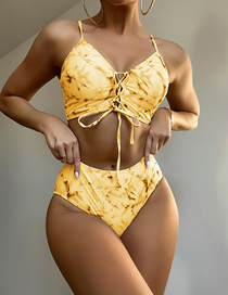Fashion Yellow Polyester Ink Print Lace-up Swimsuit