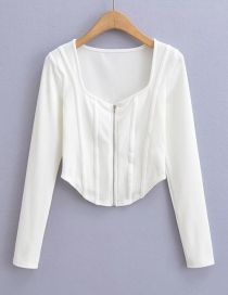 Fashion White Polyester Herringbone Zip-up Cardigan